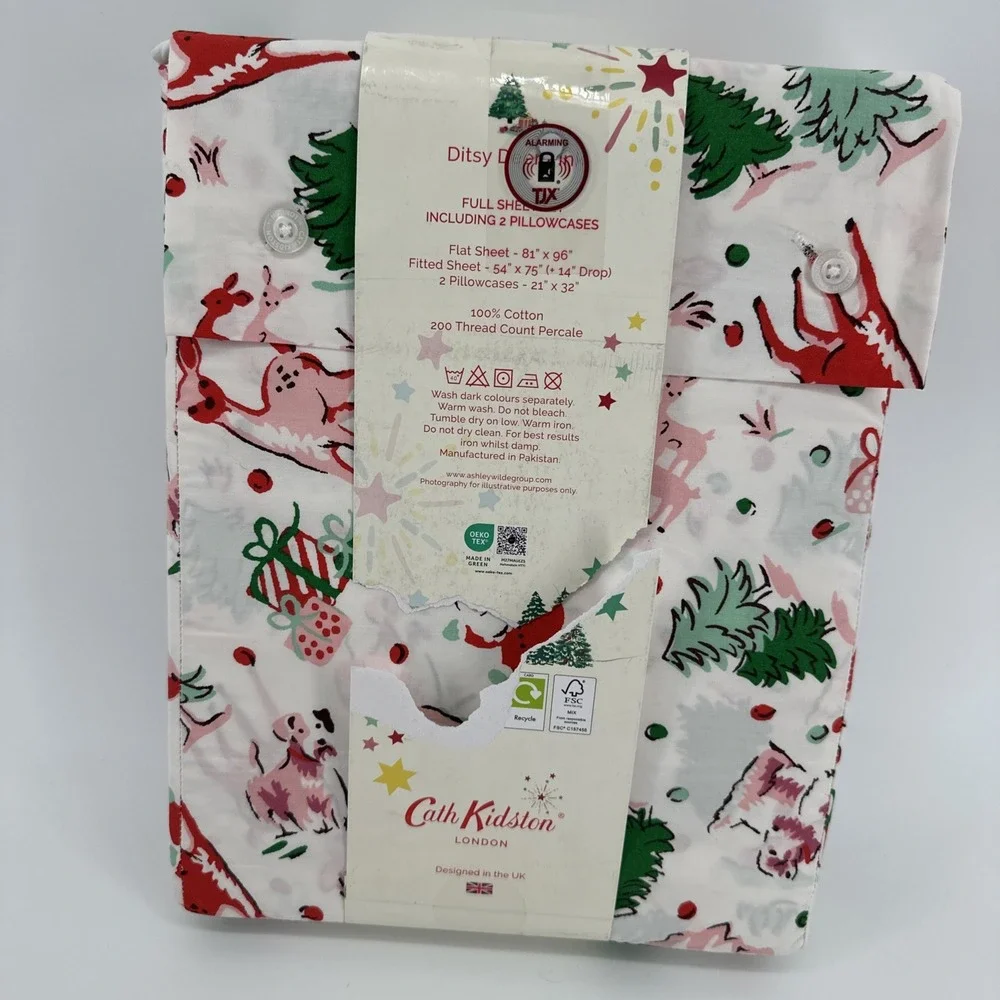 Cath Kidston Christmas Full Sheet Set 4 Pc Ditsy Deer Pink London Cotton Percale